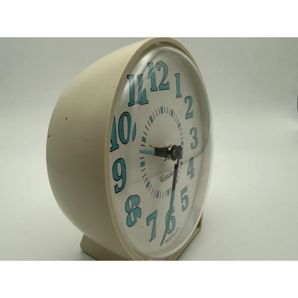 Vintage White Westclox Wind Up Alarm Clock Glow In The Dark Turquoise Numbers